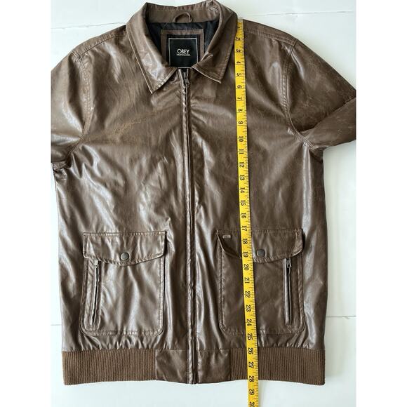 Obey Propaganda Faux Leather Bomber Jacket Men L Brown Collared Full Zipper - Picture 5 of 11